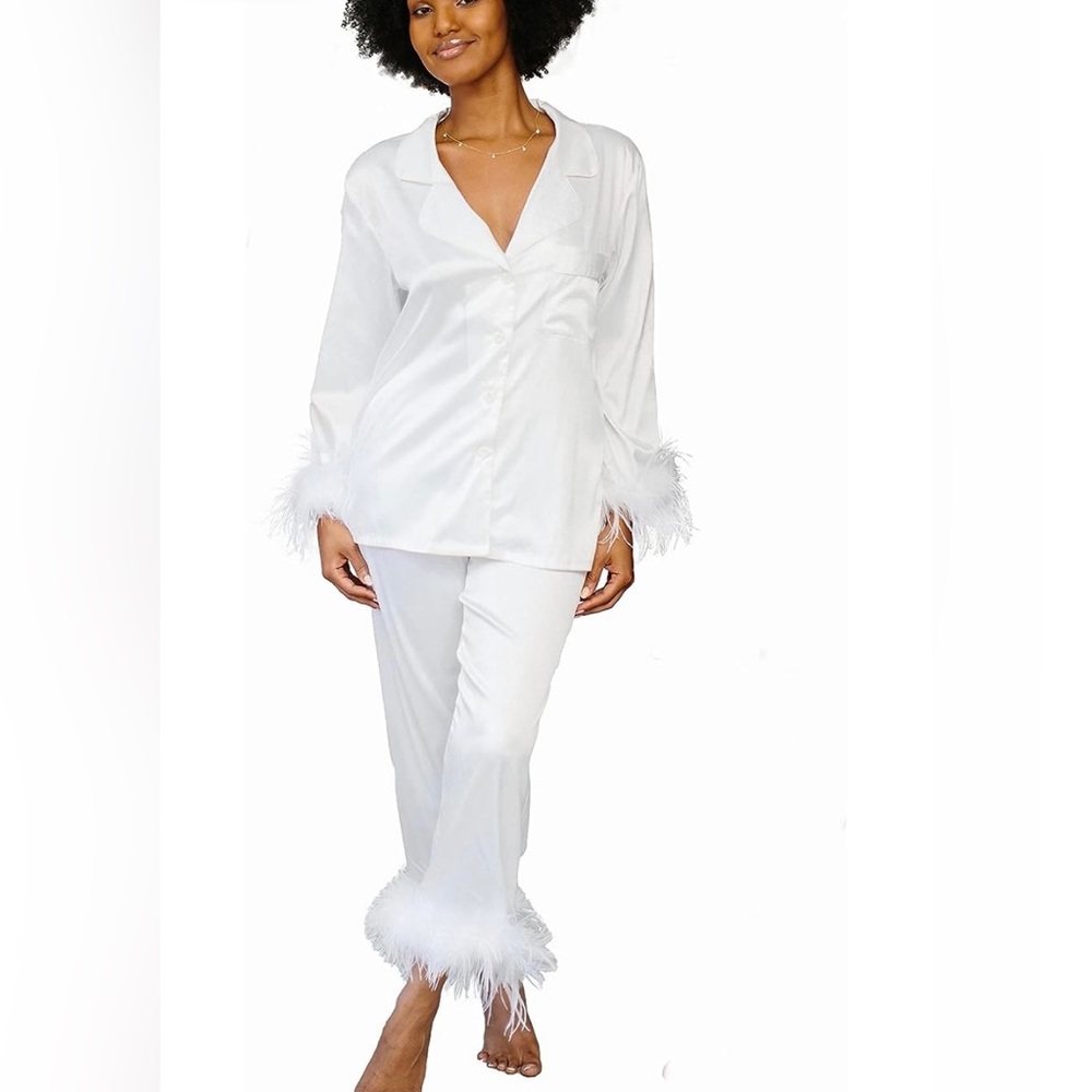 Women's Feather Trim Silk Satin Pajama Button Down Long Sleeve